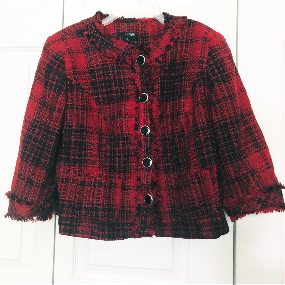 East 5th Red and Black Plaid Jacket with Raw Hem